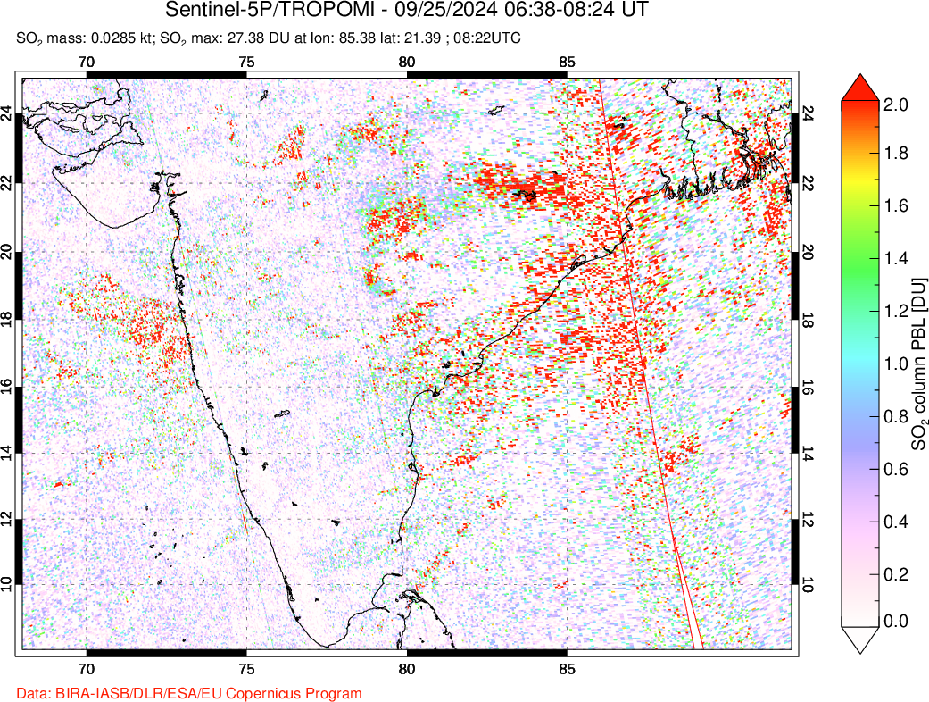 A sulfur dioxide image over India on Sep 25, 2024.