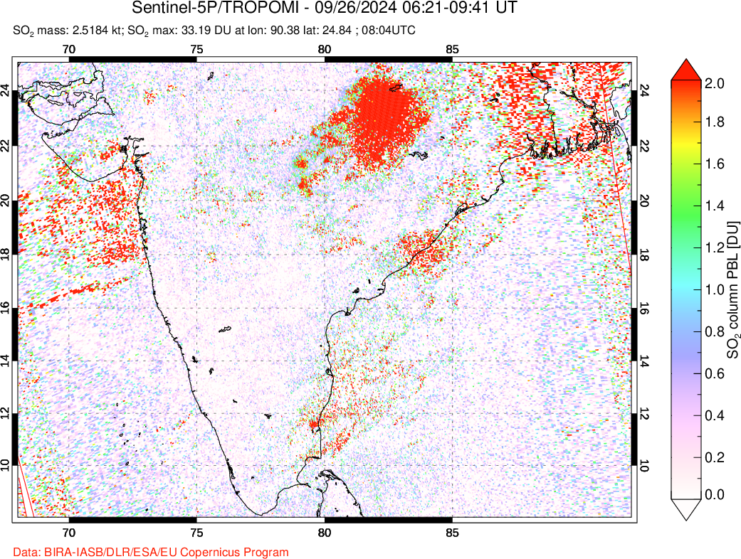 A sulfur dioxide image over India on Sep 26, 2024.