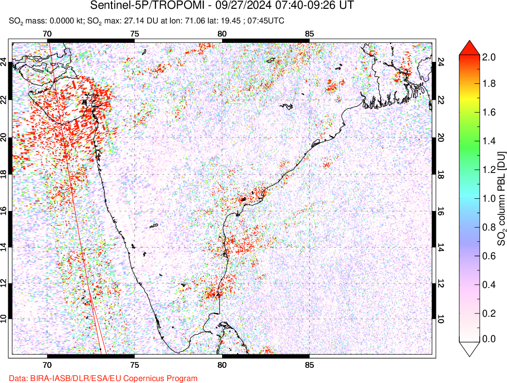 A sulfur dioxide image over India on Sep 27, 2024.