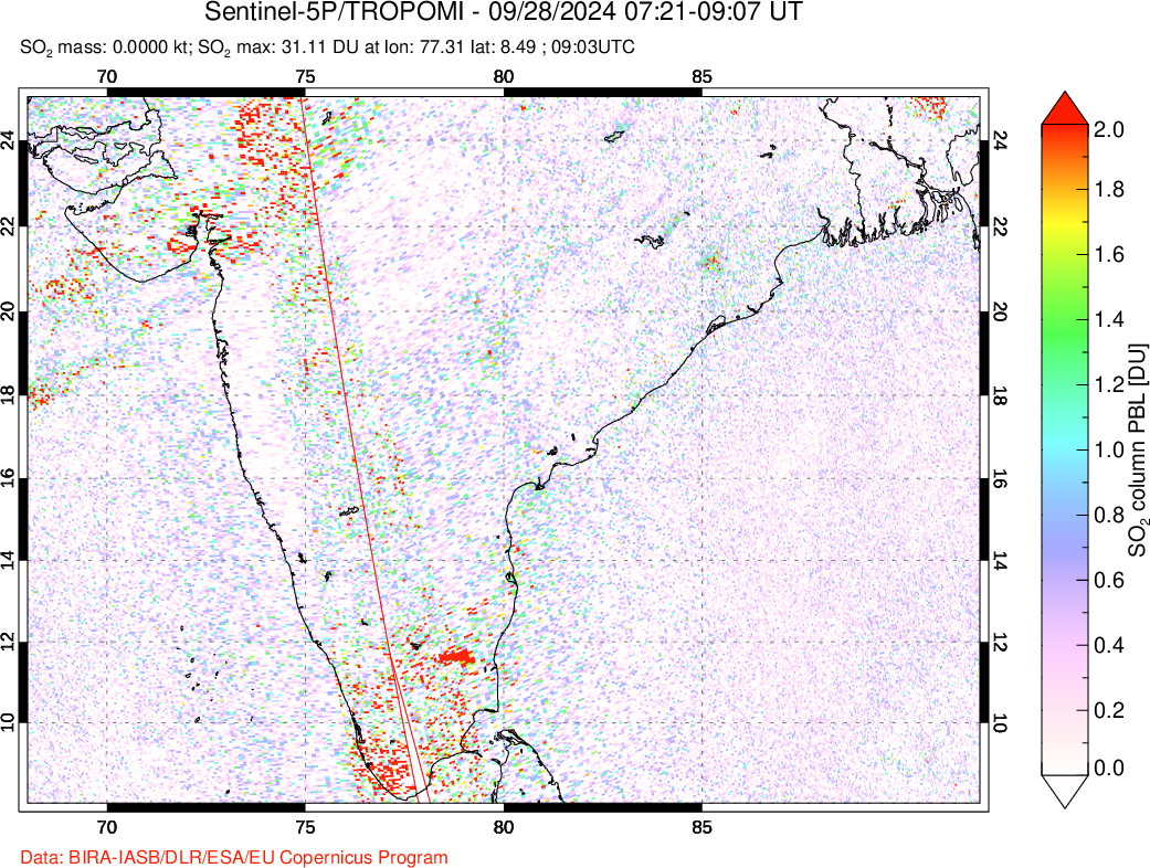 A sulfur dioxide image over India on Sep 28, 2024.