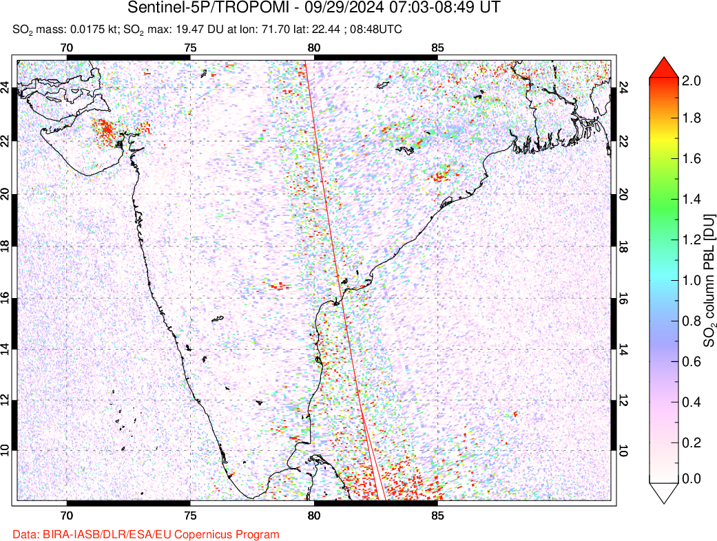 A sulfur dioxide image over India on Sep 29, 2024.