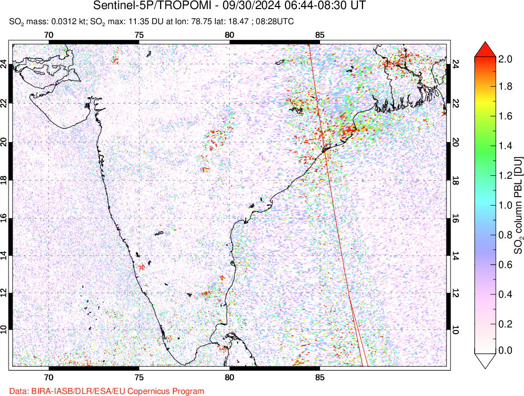 A sulfur dioxide image over India on Sep 30, 2024.