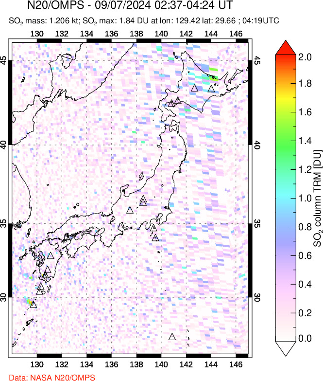 A sulfur dioxide image over Japan on Sep 07, 2024.