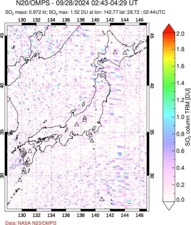 A sulfur dioxide image over Japan on Sep 28, 2024.