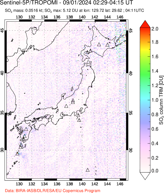 A sulfur dioxide image over Japan on Sep 01, 2024.