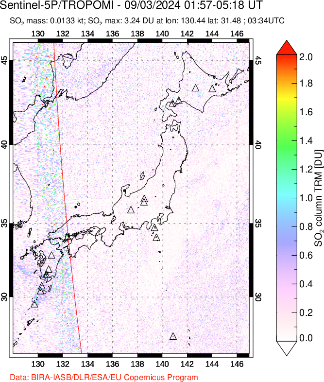 A sulfur dioxide image over Japan on Sep 03, 2024.