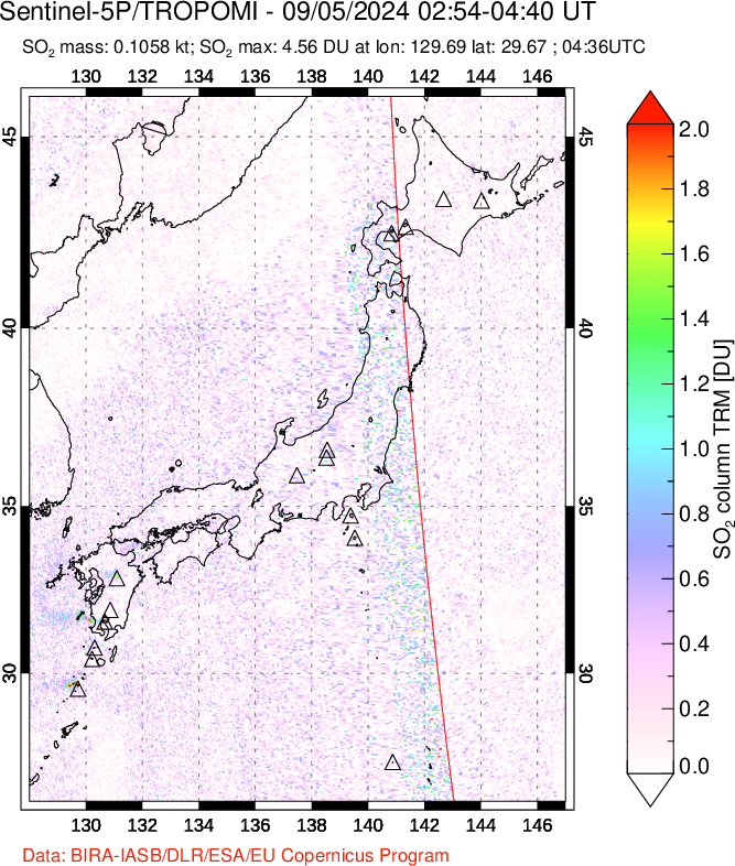 A sulfur dioxide image over Japan on Sep 05, 2024.