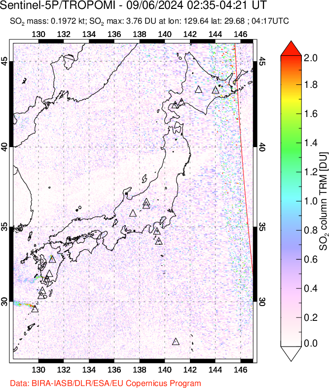 A sulfur dioxide image over Japan on Sep 06, 2024.