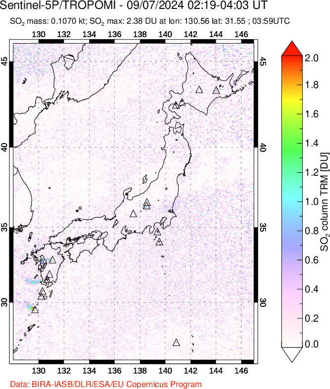 A sulfur dioxide image over Japan on Sep 07, 2024.