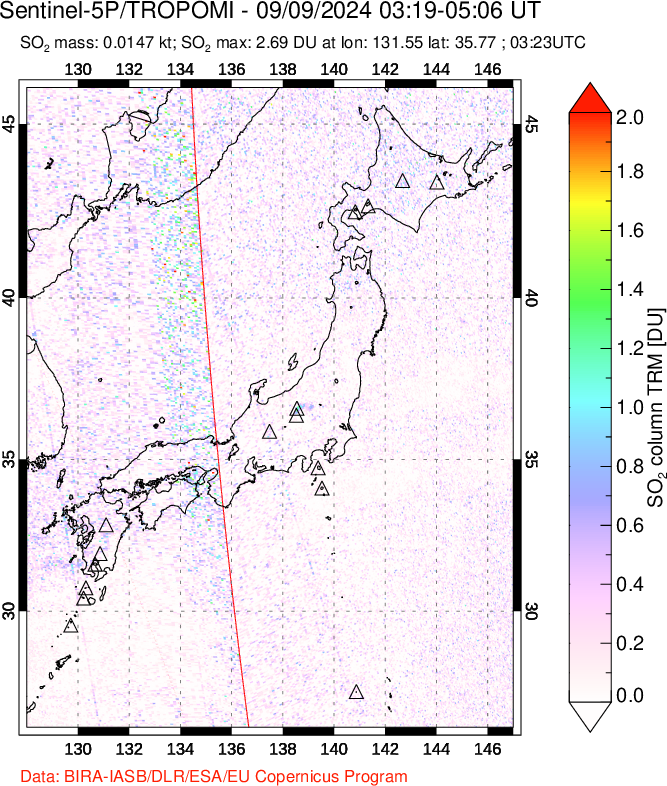 A sulfur dioxide image over Japan on Sep 09, 2024.