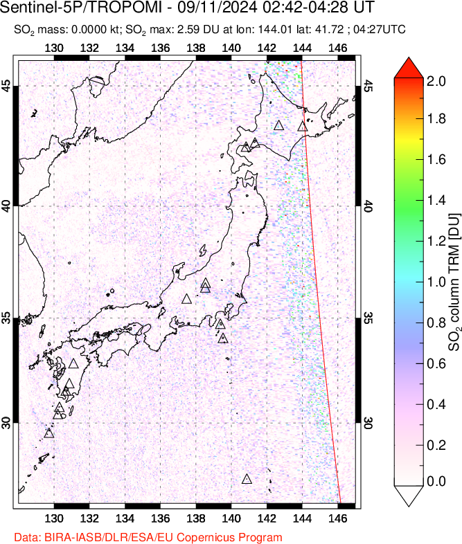 A sulfur dioxide image over Japan on Sep 11, 2024.