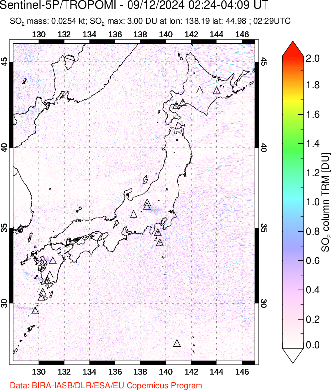 A sulfur dioxide image over Japan on Sep 12, 2024.