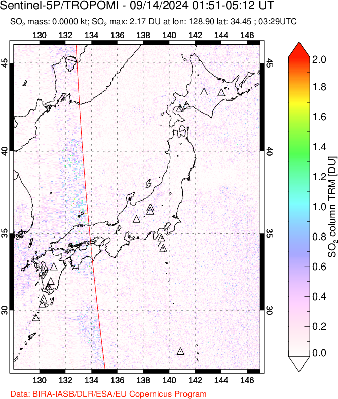 A sulfur dioxide image over Japan on Sep 14, 2024.