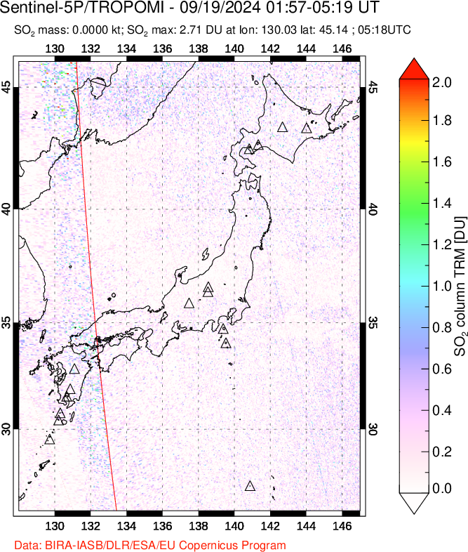 A sulfur dioxide image over Japan on Sep 19, 2024.