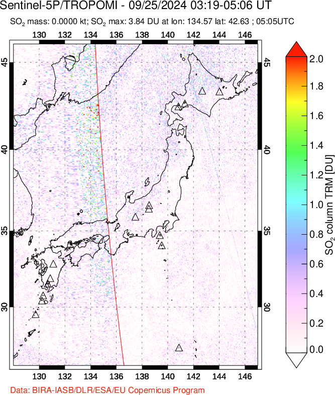 A sulfur dioxide image over Japan on Sep 25, 2024.