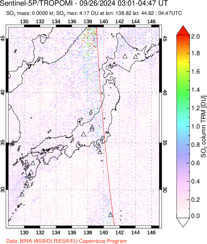 A sulfur dioxide image over Japan on Sep 26, 2024.