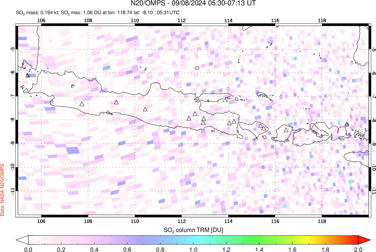 A sulfur dioxide image over Java, Indonesia on Sep 08, 2024.