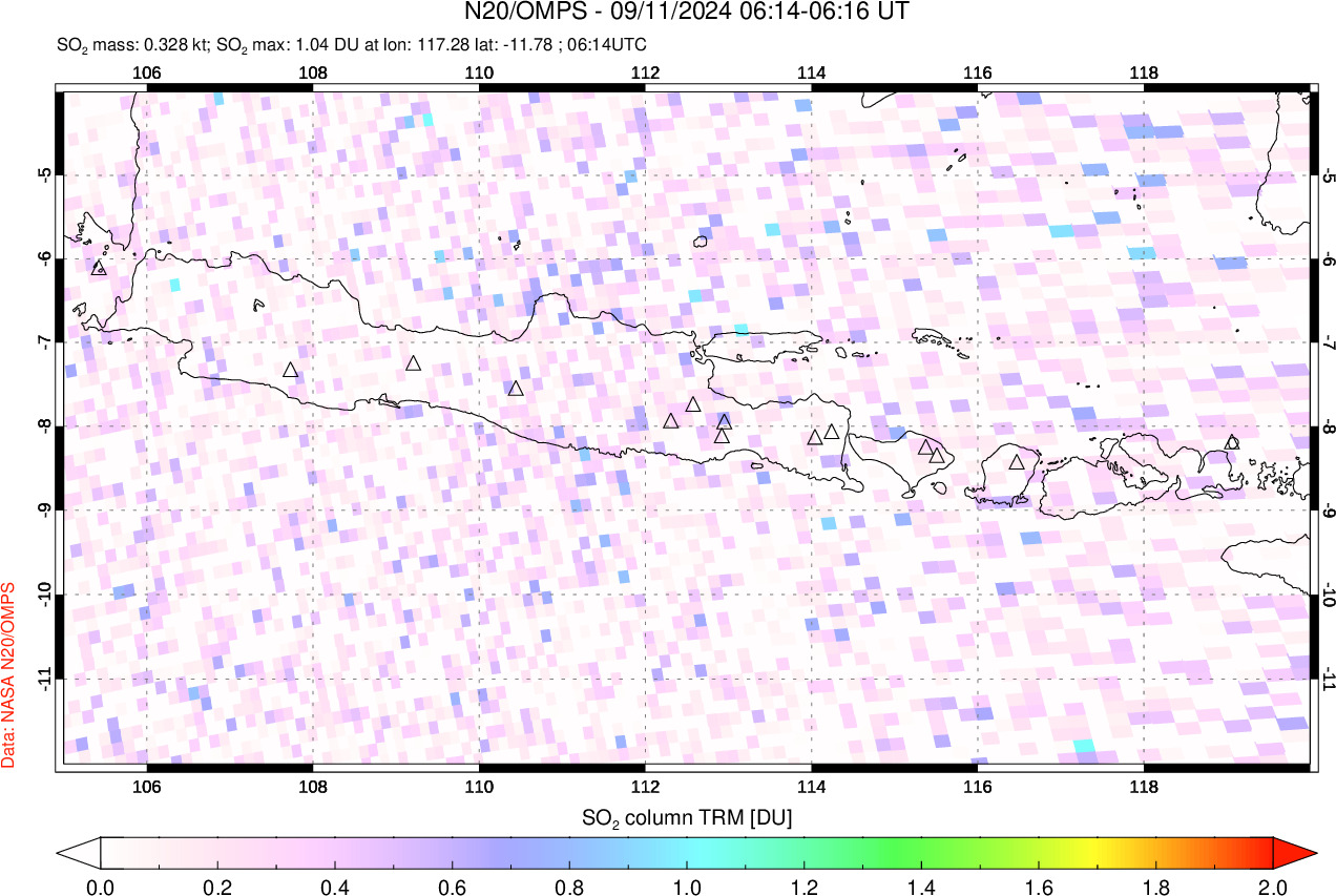 A sulfur dioxide image over Java, Indonesia on Sep 11, 2024.