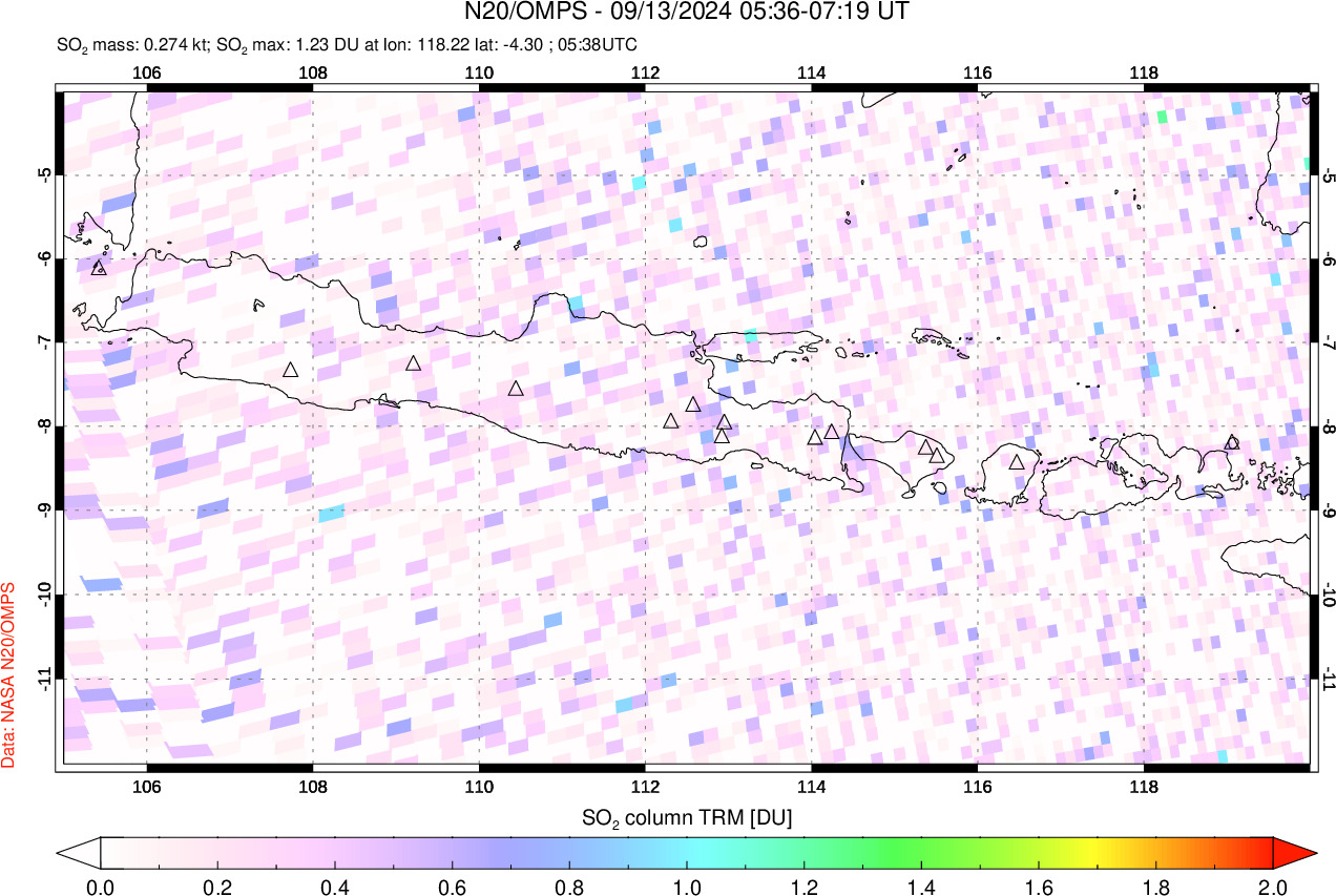 A sulfur dioxide image over Java, Indonesia on Sep 13, 2024.