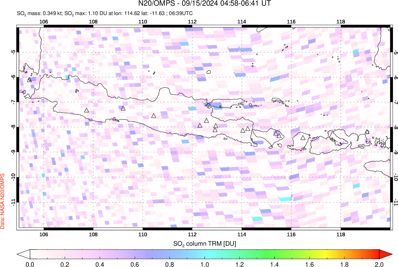 A sulfur dioxide image over Java, Indonesia on Sep 15, 2024.