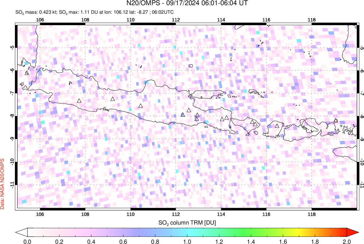 A sulfur dioxide image over Java, Indonesia on Sep 17, 2024.