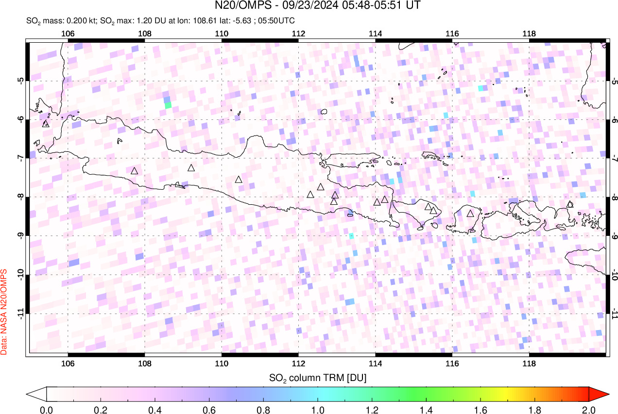 A sulfur dioxide image over Java, Indonesia on Sep 23, 2024.