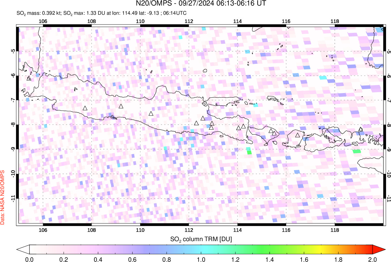 A sulfur dioxide image over Java, Indonesia on Sep 27, 2024.