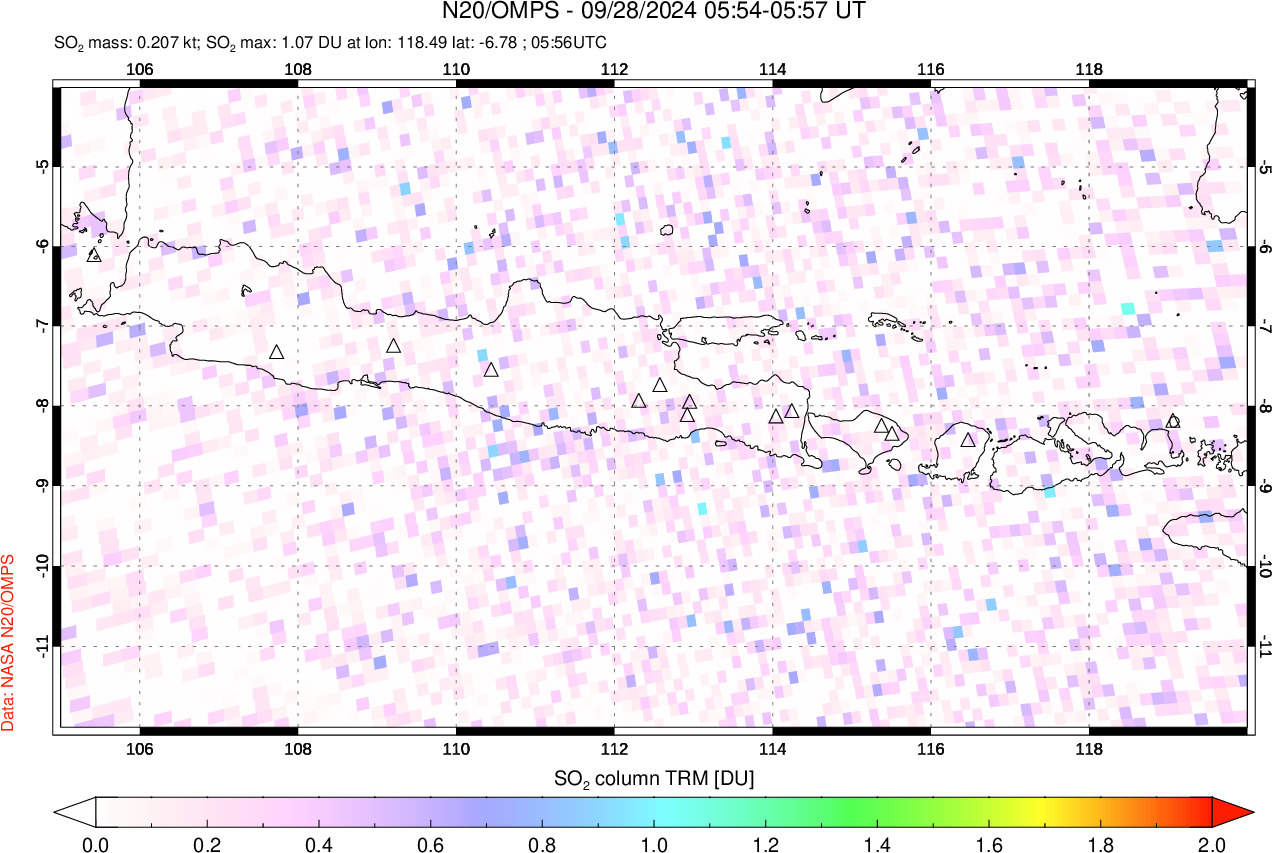 A sulfur dioxide image over Java, Indonesia on Sep 28, 2024.