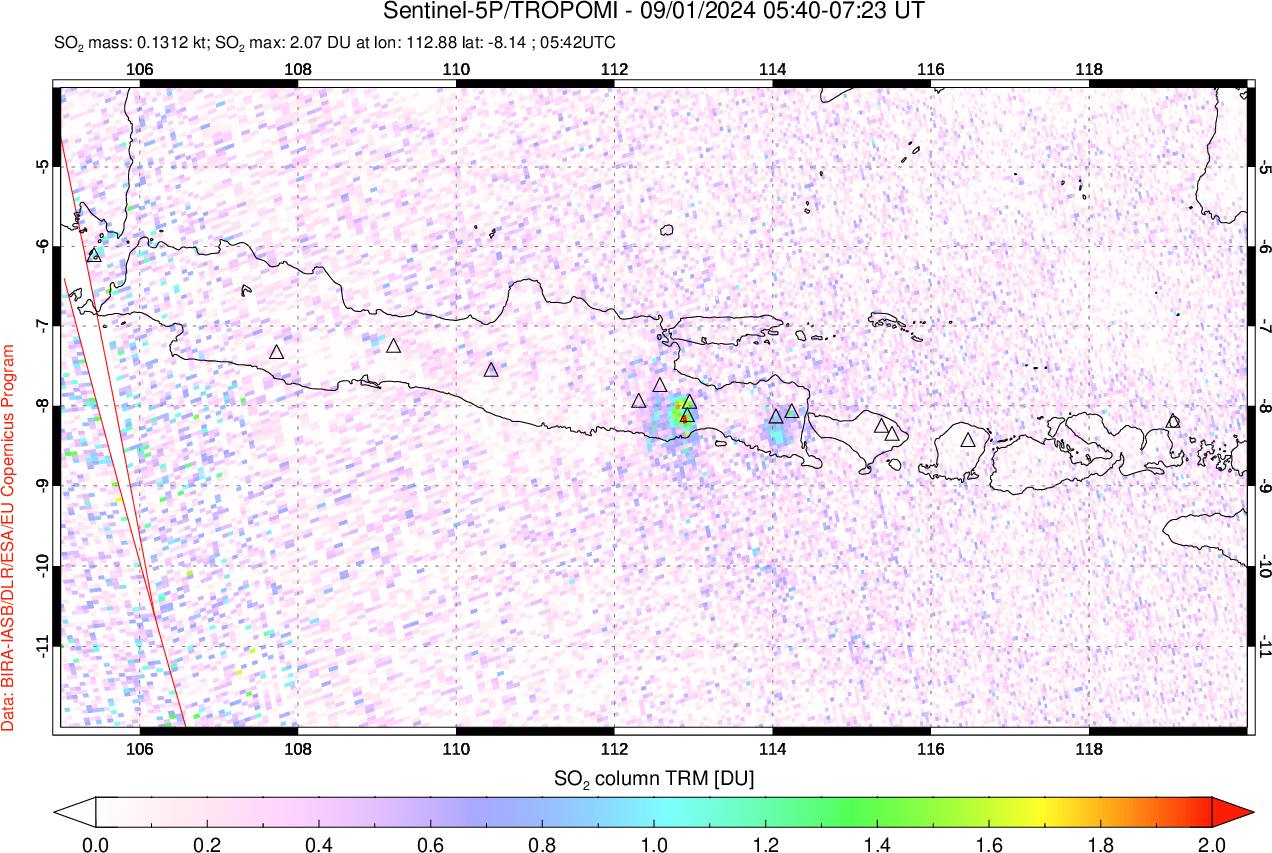 A sulfur dioxide image over Java, Indonesia on Sep 01, 2024.