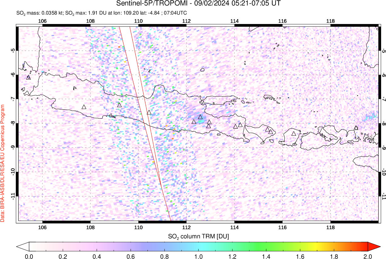 A sulfur dioxide image over Java, Indonesia on Sep 02, 2024.