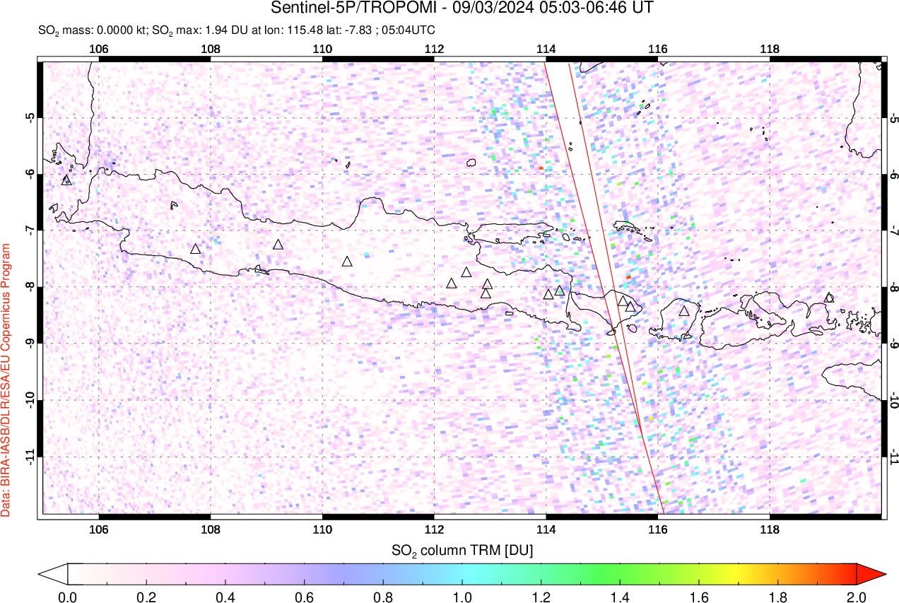 A sulfur dioxide image over Java, Indonesia on Sep 03, 2024.