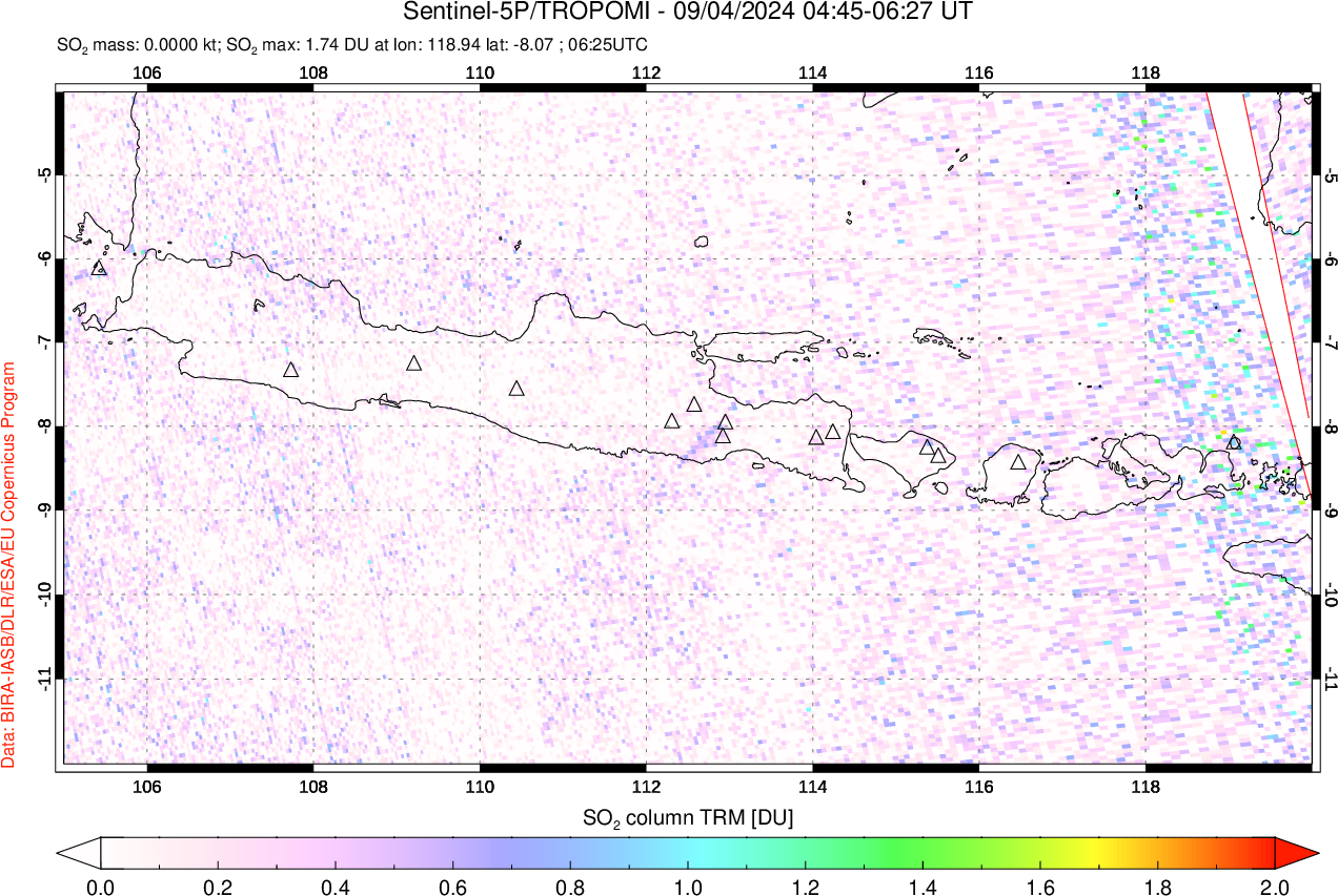 A sulfur dioxide image over Java, Indonesia on Sep 04, 2024.