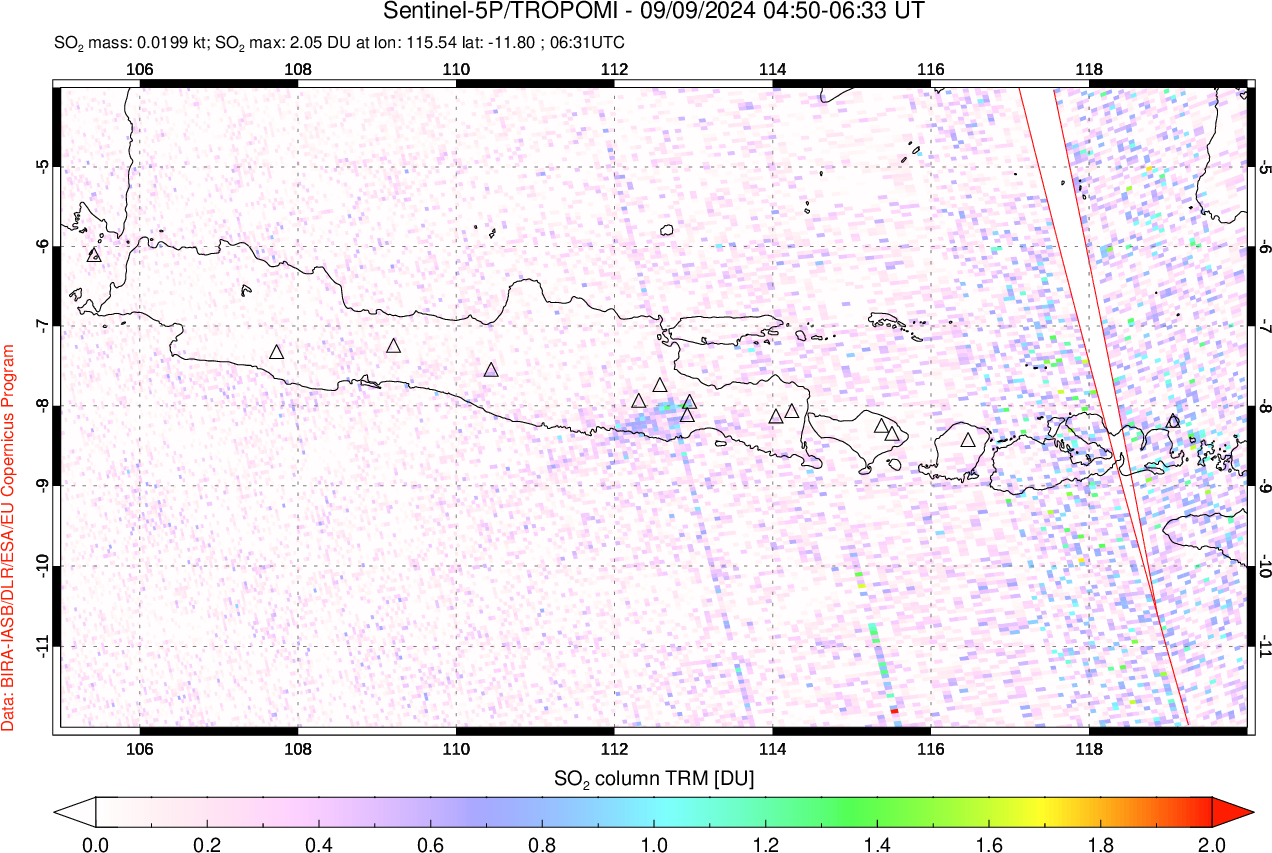 A sulfur dioxide image over Java, Indonesia on Sep 09, 2024.