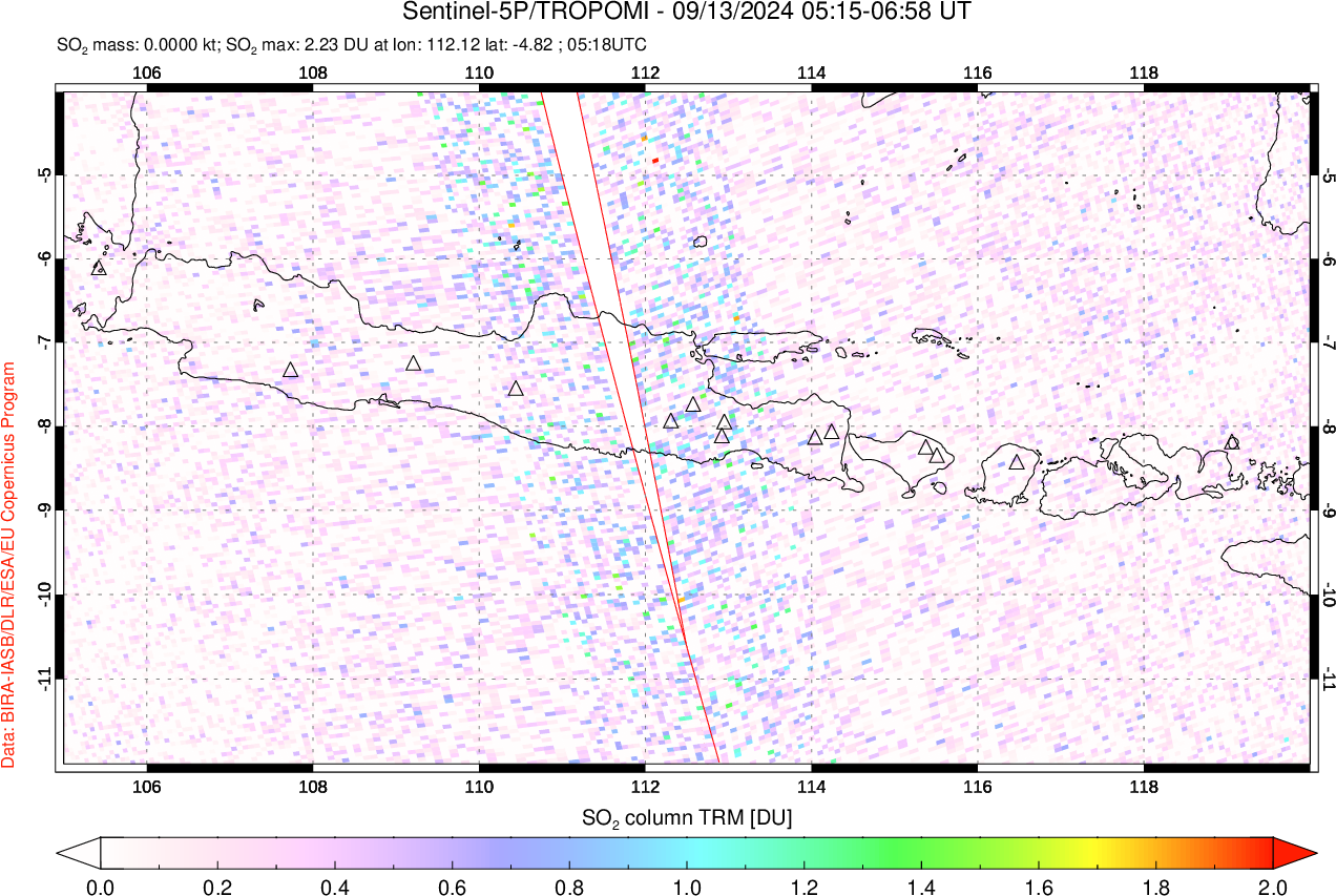 A sulfur dioxide image over Java, Indonesia on Sep 13, 2024.