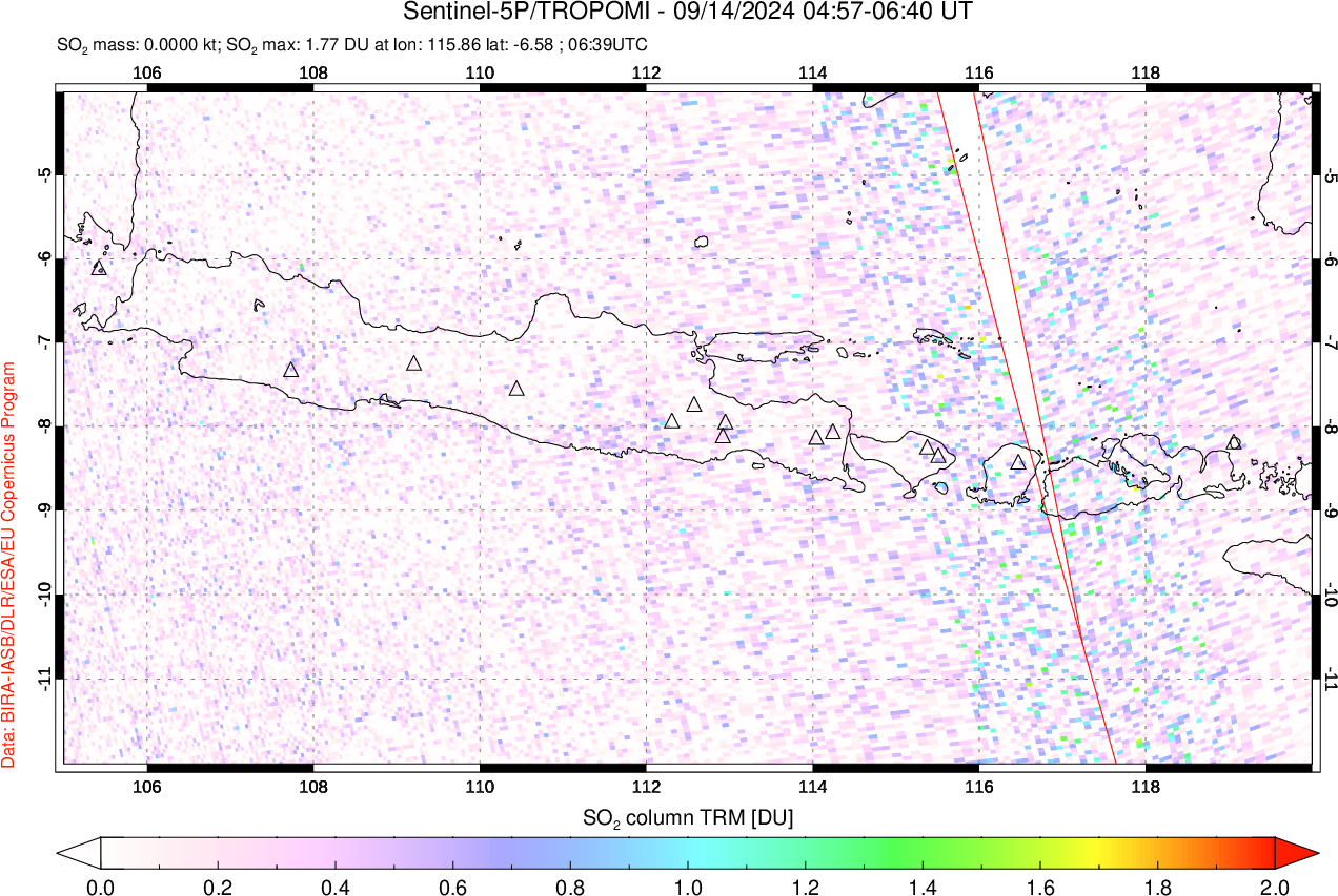 A sulfur dioxide image over Java, Indonesia on Sep 14, 2024.