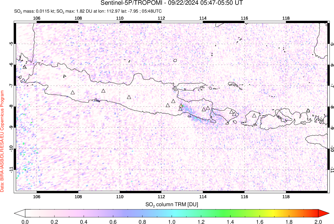 A sulfur dioxide image over Java, Indonesia on Sep 22, 2024.