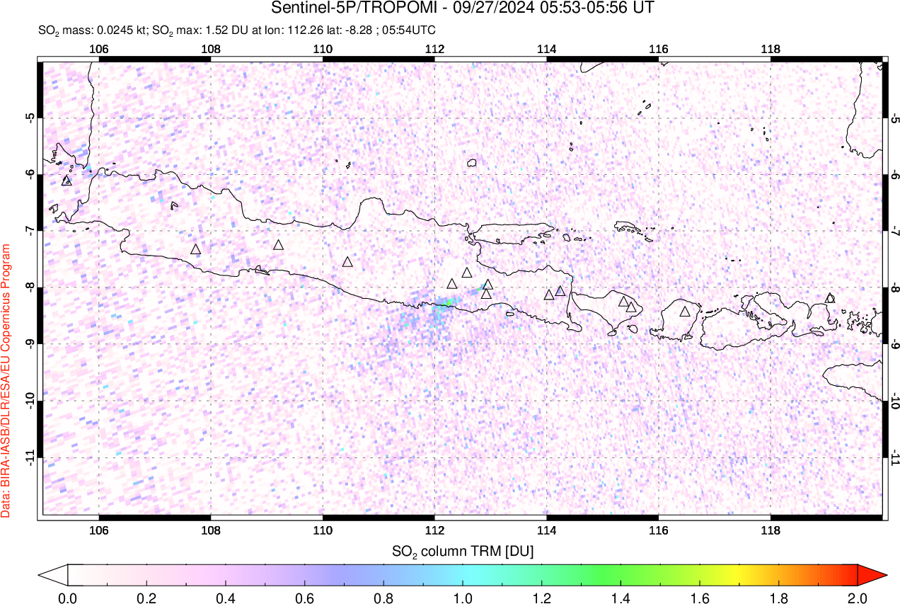 A sulfur dioxide image over Java, Indonesia on Sep 27, 2024.