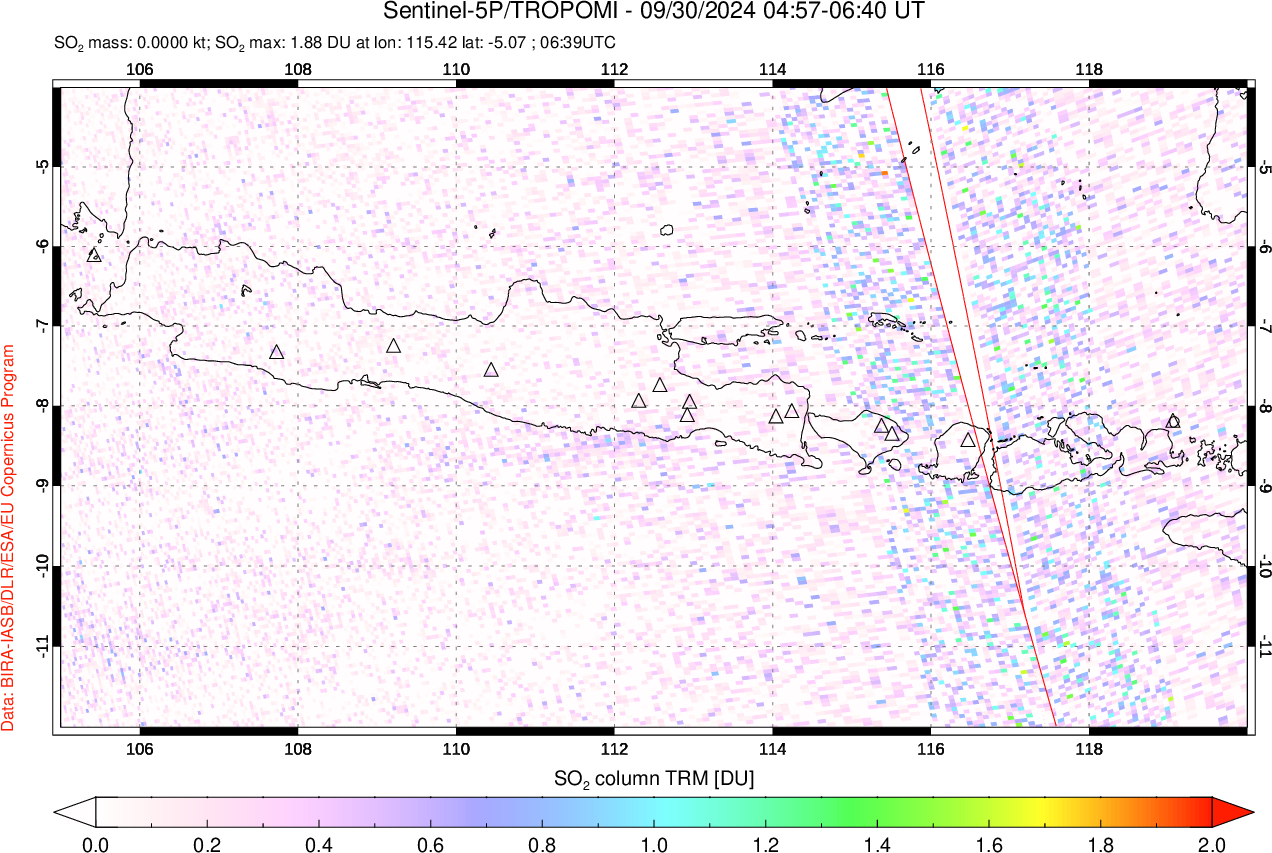 A sulfur dioxide image over Java, Indonesia on Sep 30, 2024.