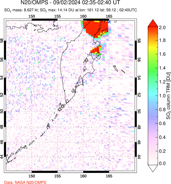 A sulfur dioxide image over Kamchatka, Russian Federation on Sep 02, 2024.