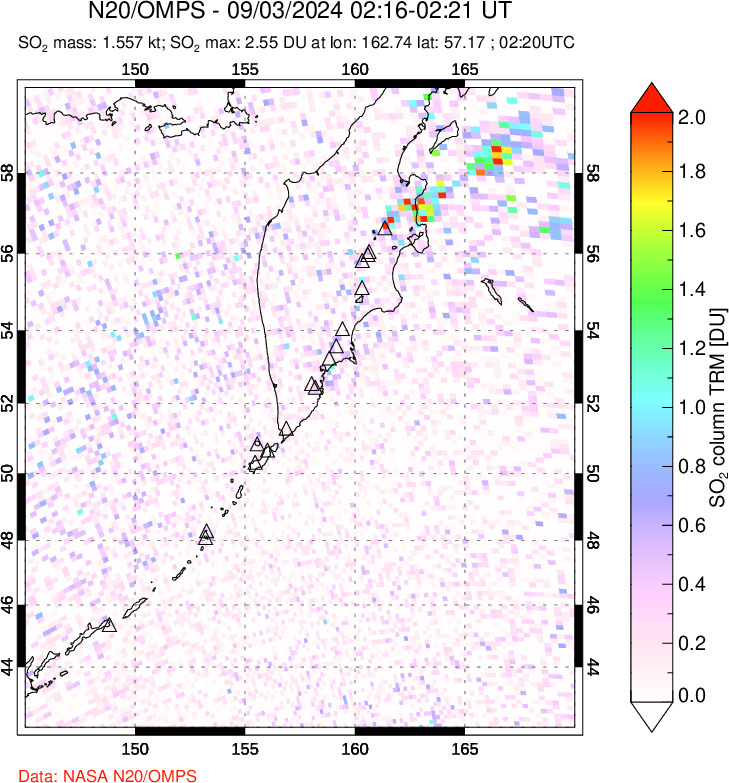 A sulfur dioxide image over Kamchatka, Russian Federation on Sep 03, 2024.