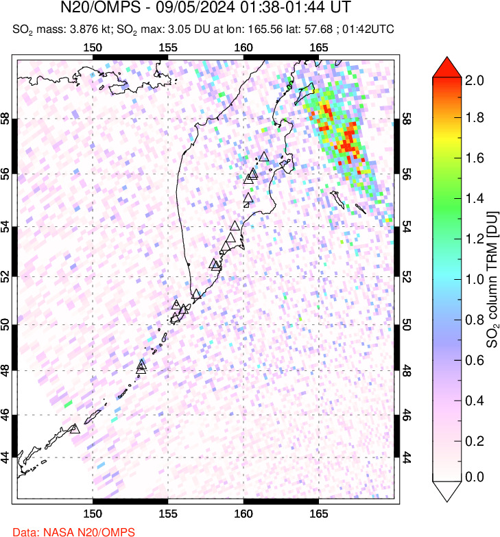 A sulfur dioxide image over Kamchatka, Russian Federation on Sep 05, 2024.