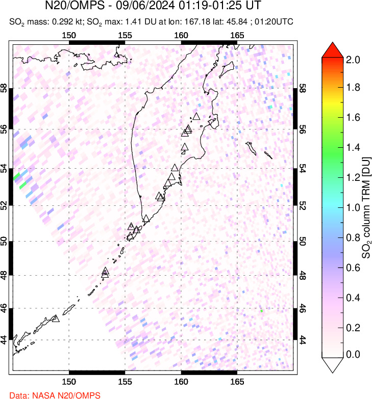 A sulfur dioxide image over Kamchatka, Russian Federation on Sep 06, 2024.