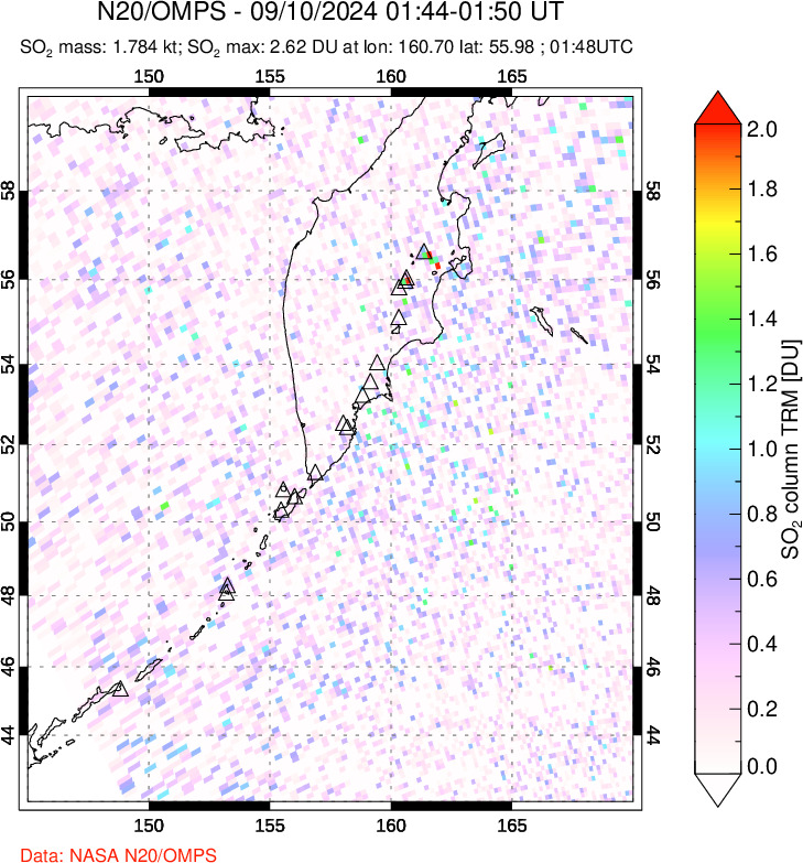 A sulfur dioxide image over Kamchatka, Russian Federation on Sep 10, 2024.