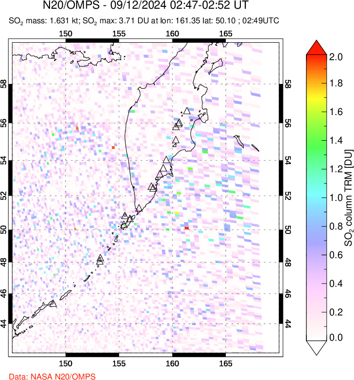 A sulfur dioxide image over Kamchatka, Russian Federation on Sep 12, 2024.