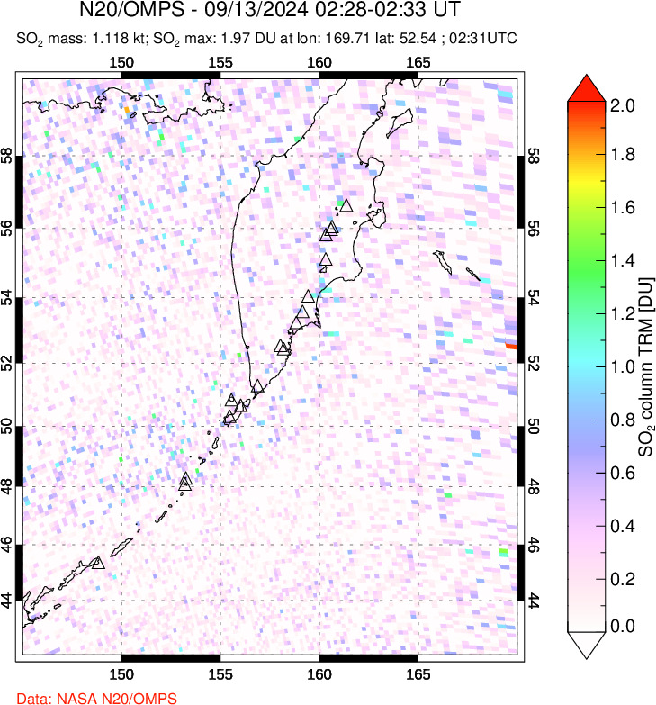 A sulfur dioxide image over Kamchatka, Russian Federation on Sep 13, 2024.