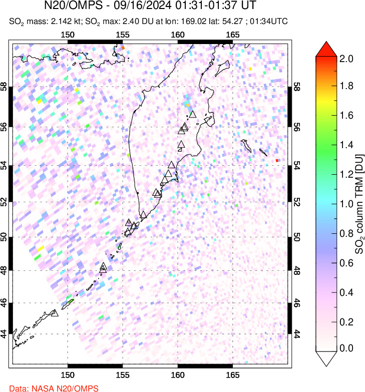 A sulfur dioxide image over Kamchatka, Russian Federation on Sep 16, 2024.