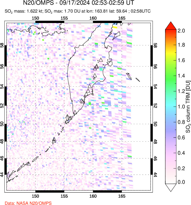 A sulfur dioxide image over Kamchatka, Russian Federation on Sep 17, 2024.