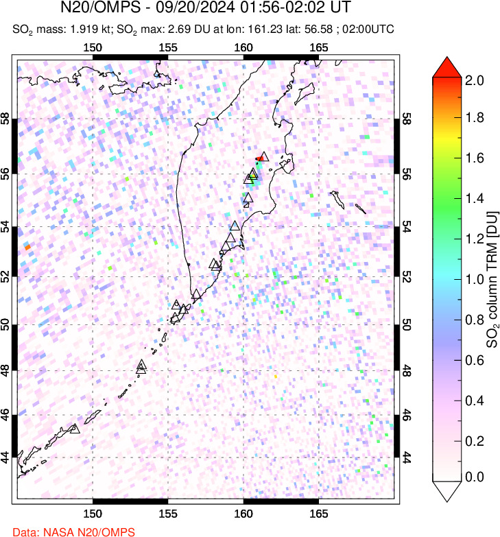 A sulfur dioxide image over Kamchatka, Russian Federation on Sep 20, 2024.