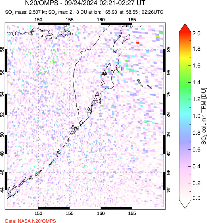 A sulfur dioxide image over Kamchatka, Russian Federation on Sep 24, 2024.