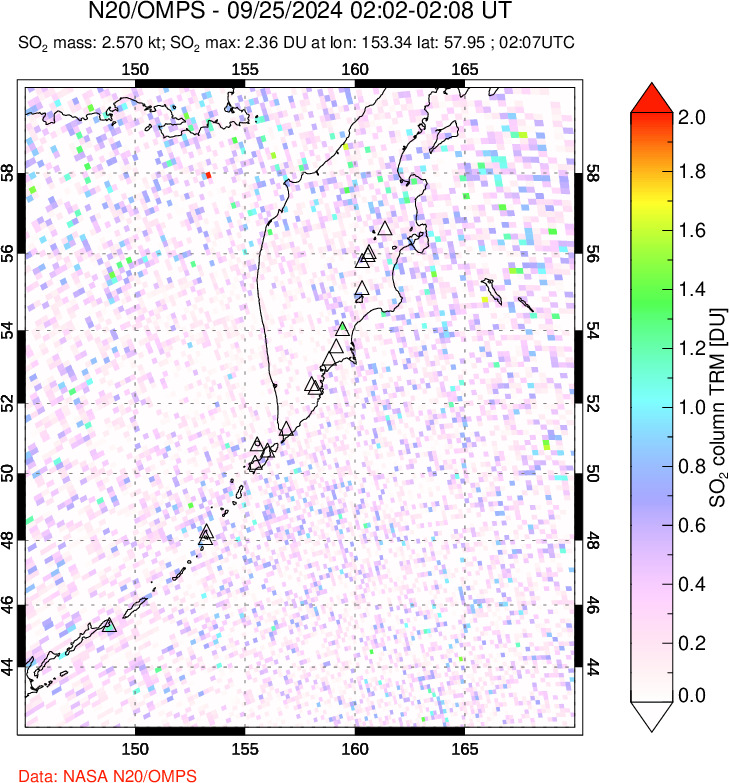 A sulfur dioxide image over Kamchatka, Russian Federation on Sep 25, 2024.